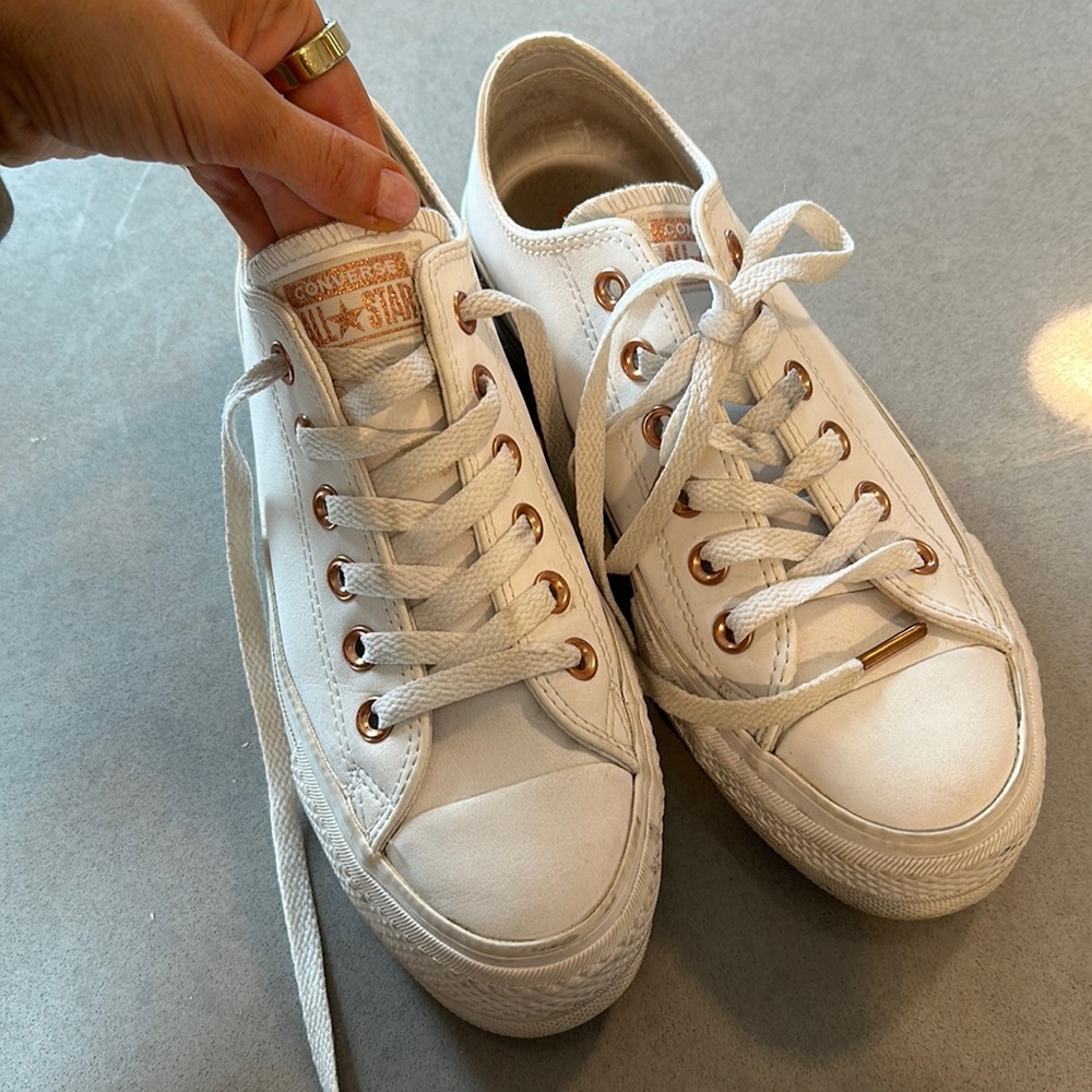 White Pleather Converse with Copper Details in Size 7